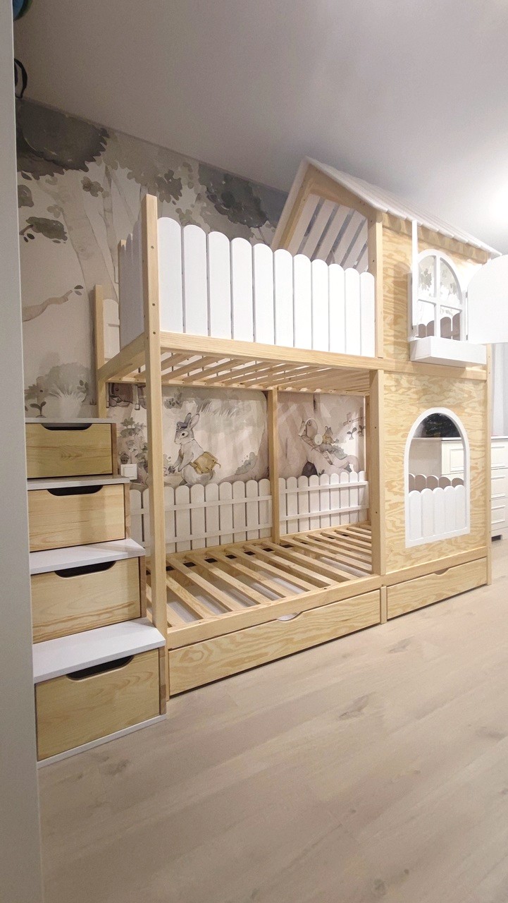 łóżko domek schodki szufladki i okkiennice